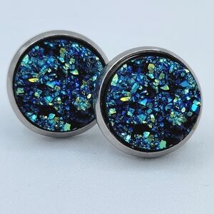Blue Druzy Stud Earrings #2423